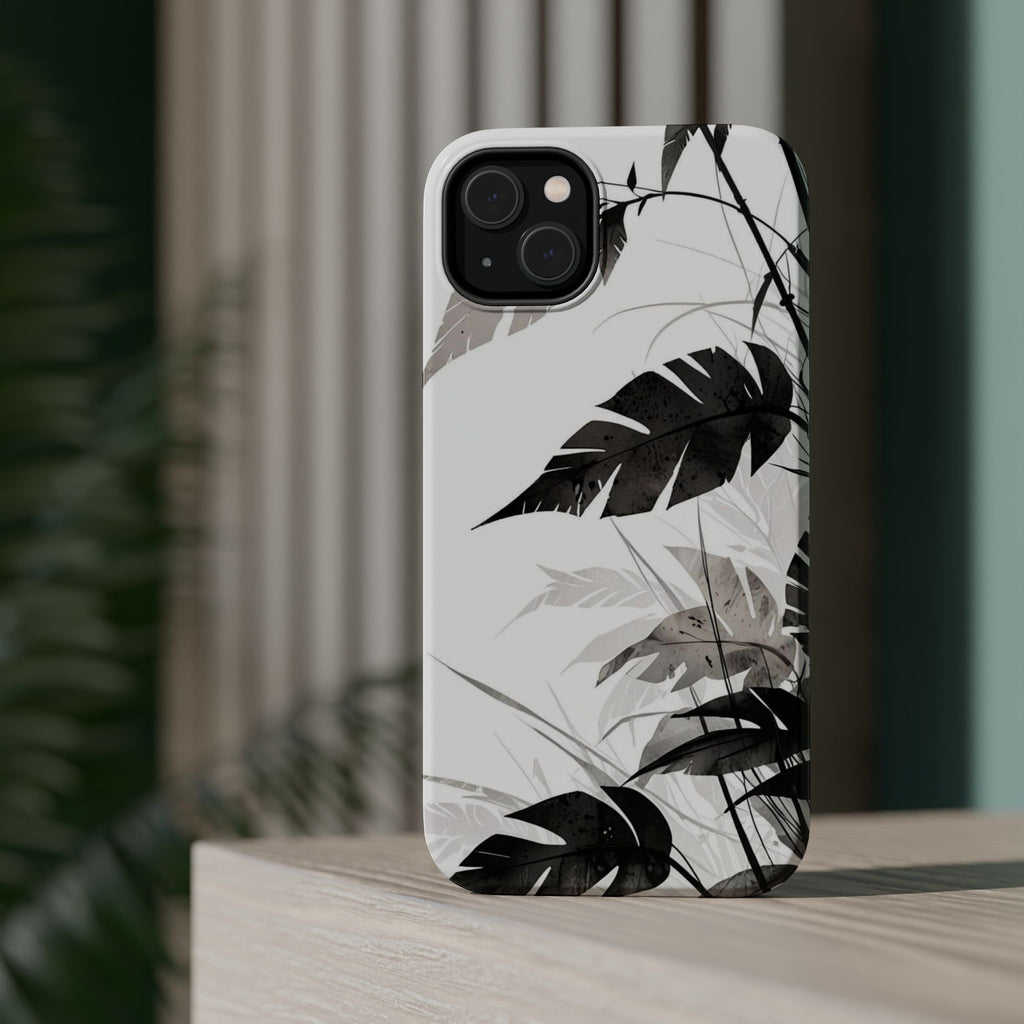 Tropical Monstera Magnetic Impact Phone Case — Black & White Leaf Design