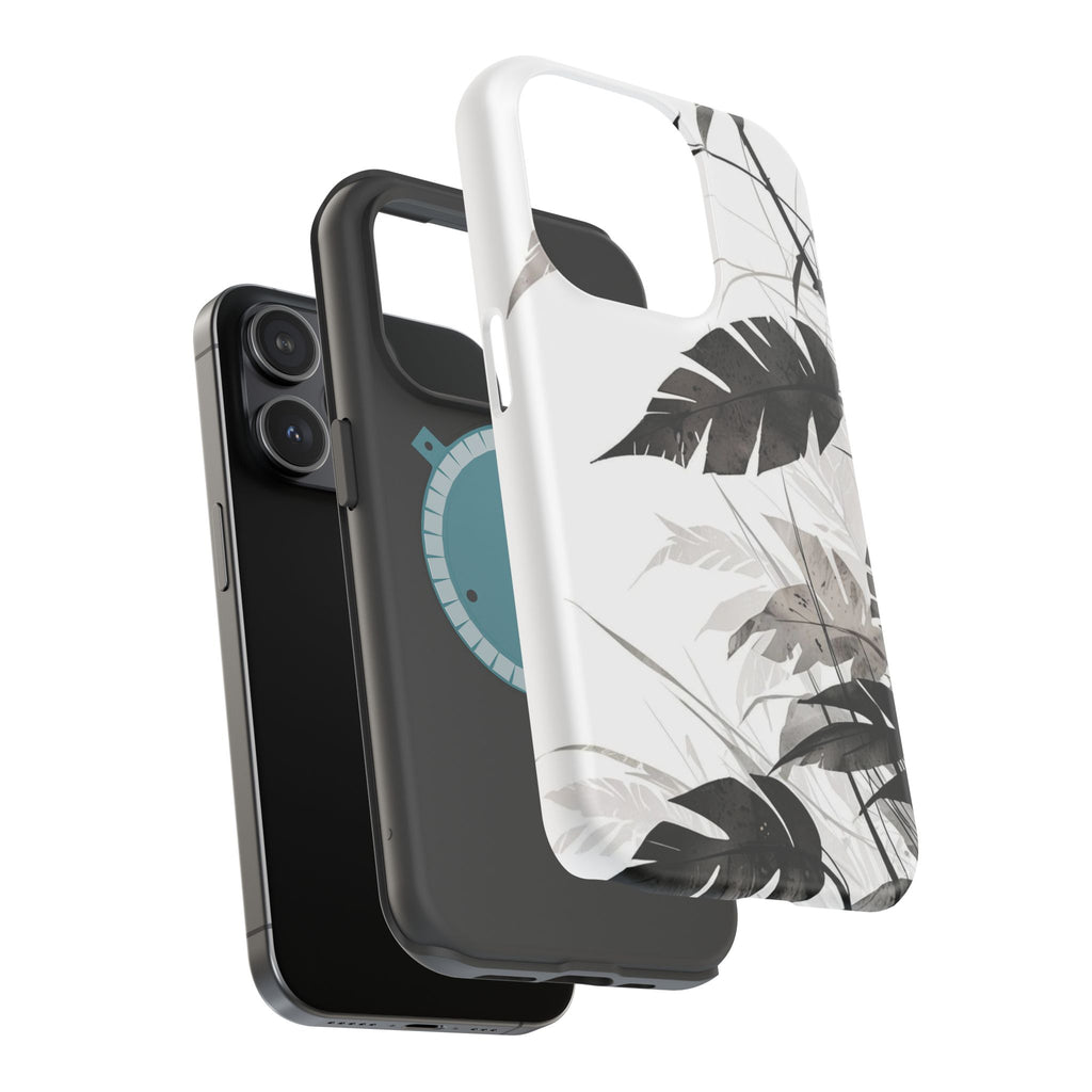 Tropical Monstera Magnetic Impact Phone Case — Black & White Leaf Design