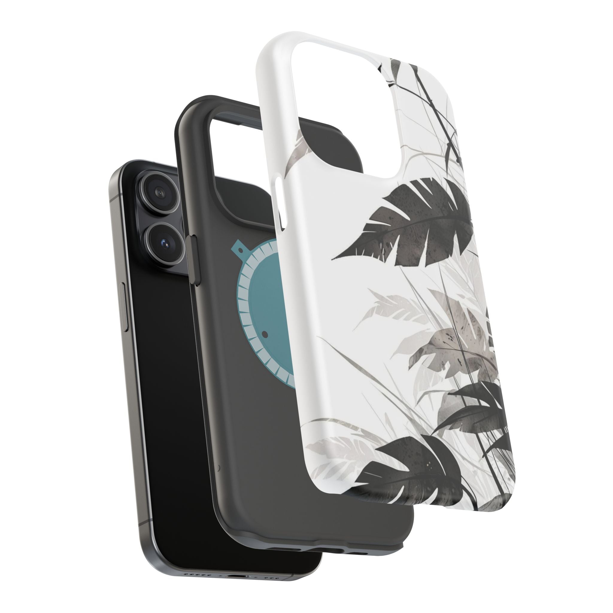 Tropical Monstera Magnetic Impact Phone Case — Black & White Leaf Design
