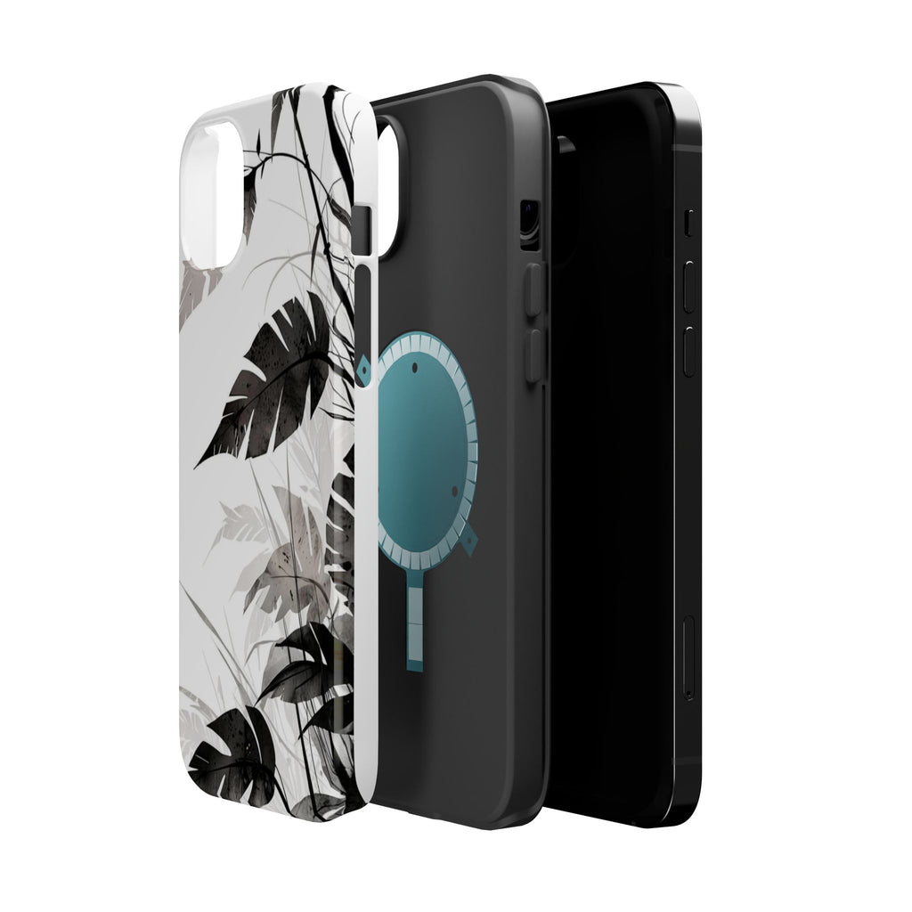 Tropical Monstera Magnetic Impact Phone Case — Black & White Leaf Design