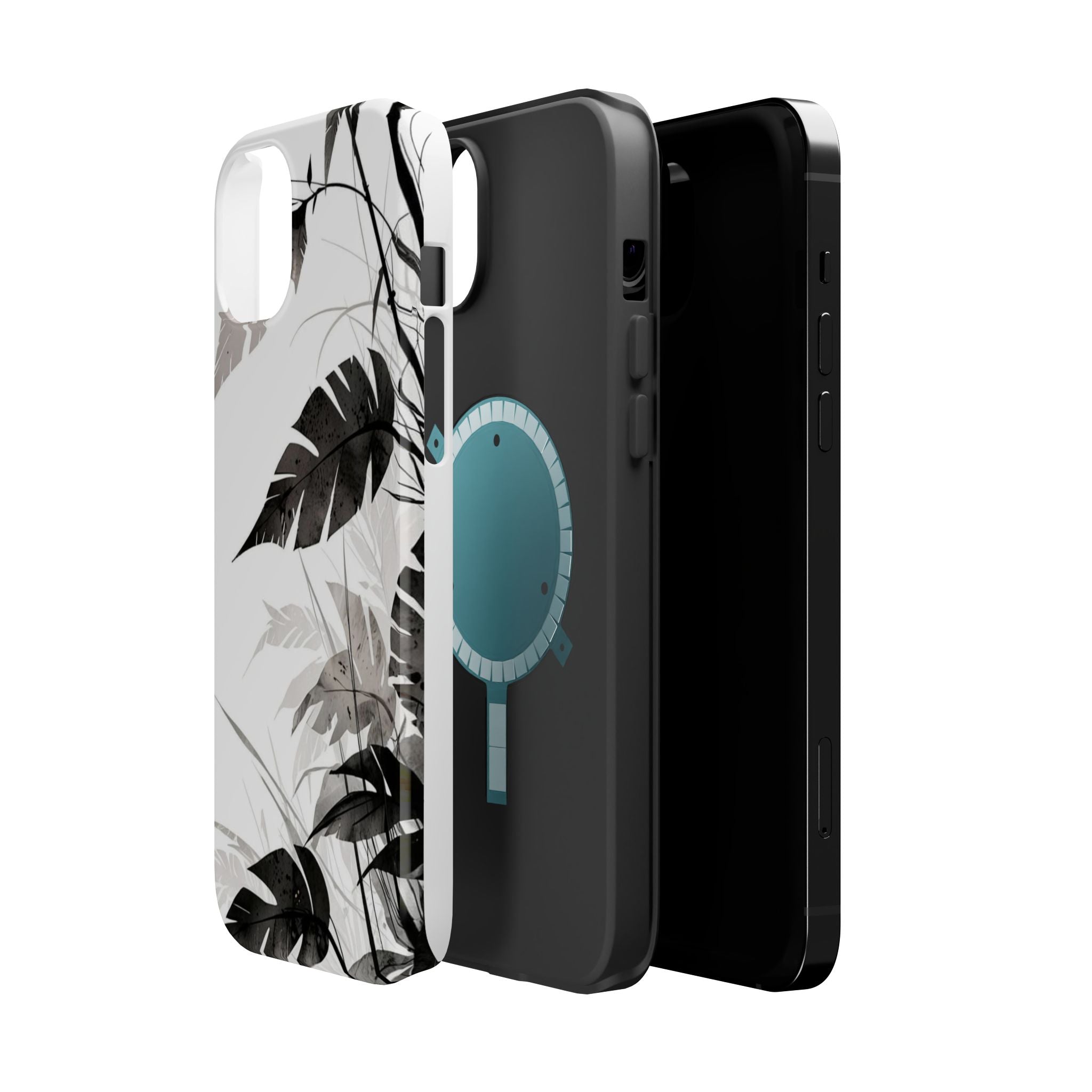 Tropical Monstera Magnetic Impact Phone Case — Black & White Leaf Design