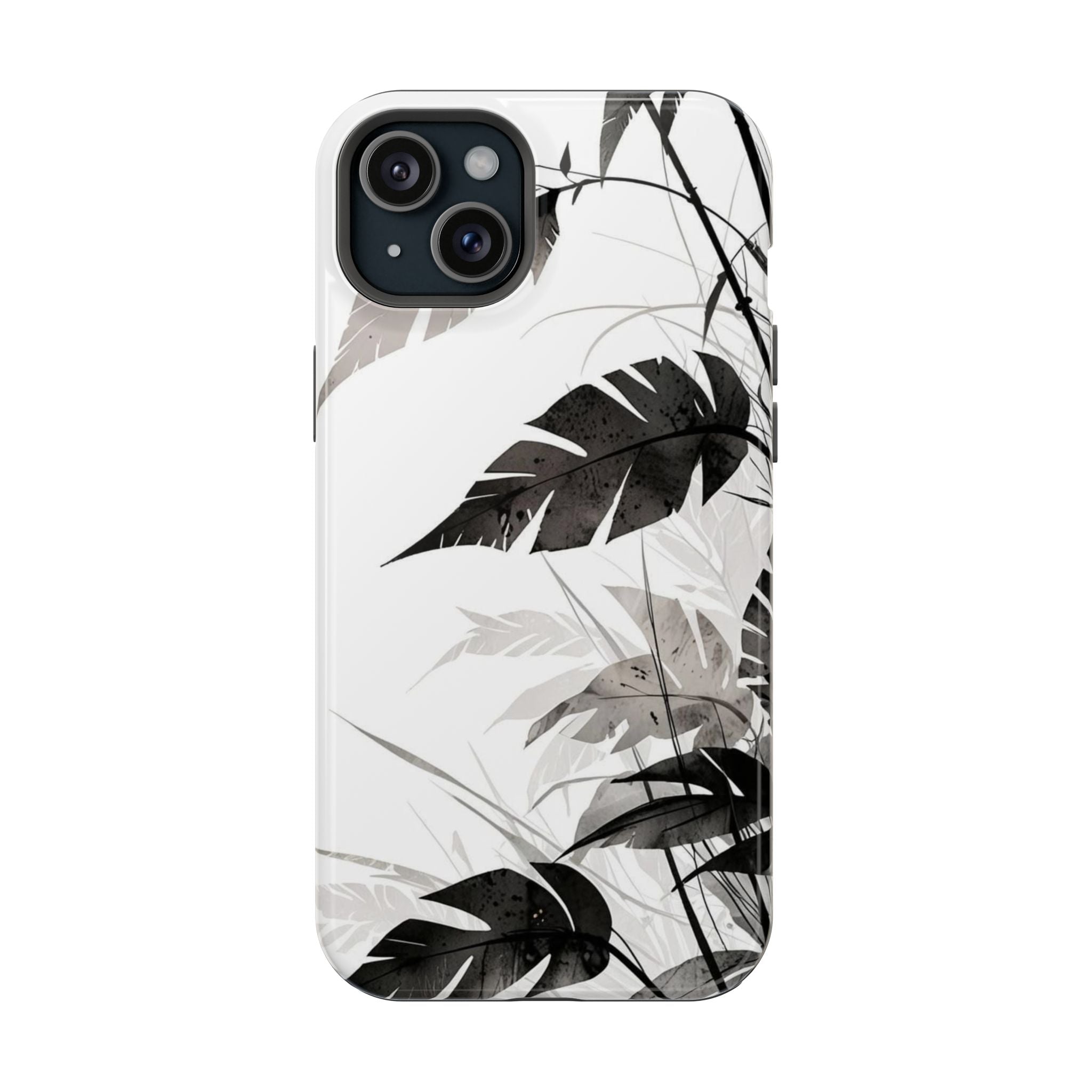 Tropical Monstera Magnetic Impact Phone Case — Black & White Leaf Design