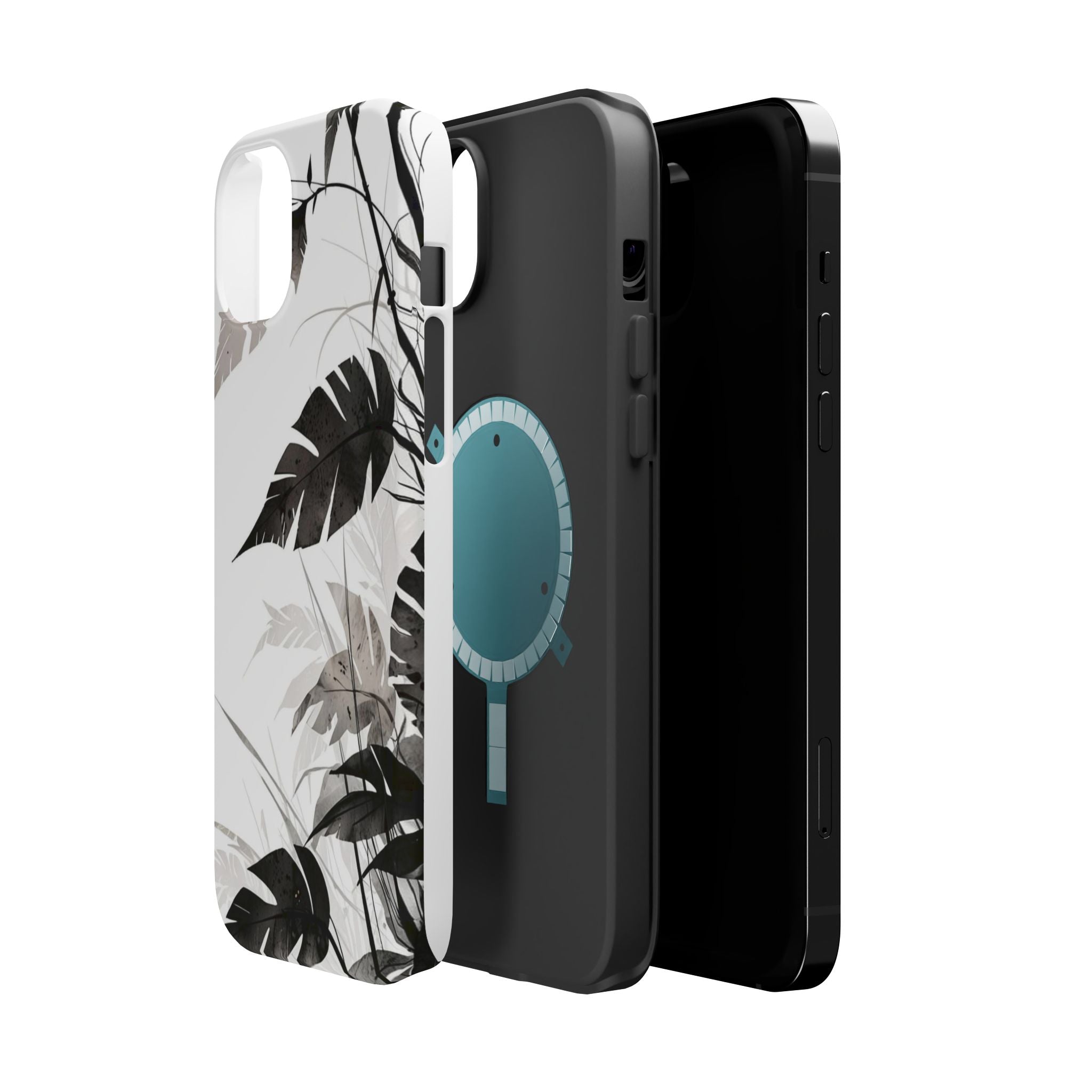 Tropical Monstera Magnetic Impact Phone Case — Black & White Leaf Design