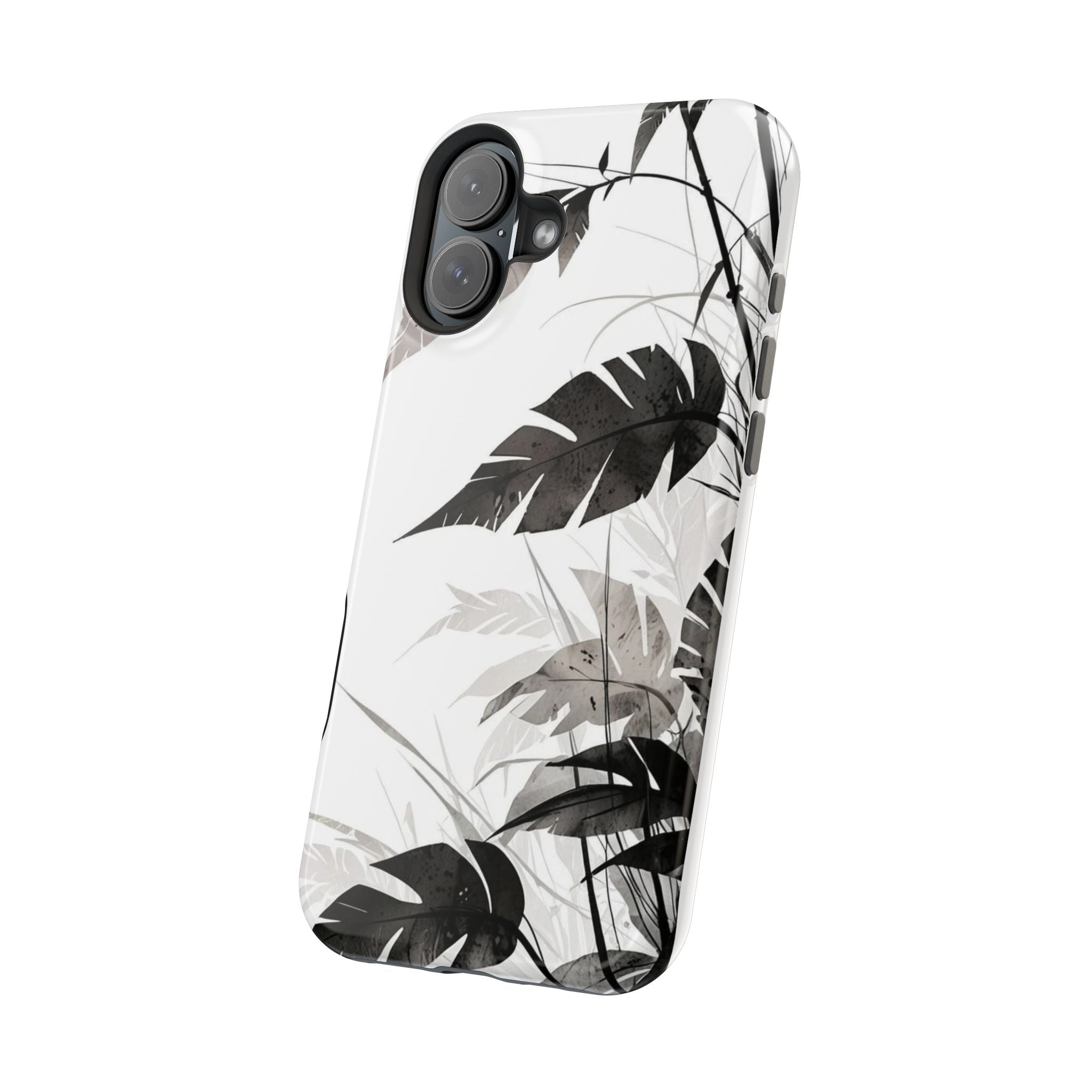 Tropical Monstera Magnetic Impact Phone Case — Black & White Leaf Design