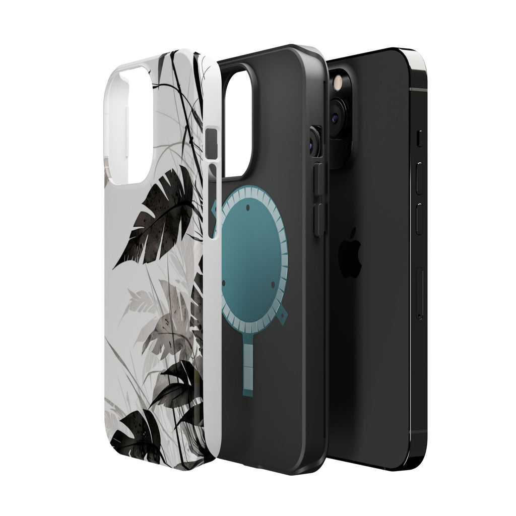 Tropical Monstera Magnetic Impact Phone Case — Black & White Leaf Design