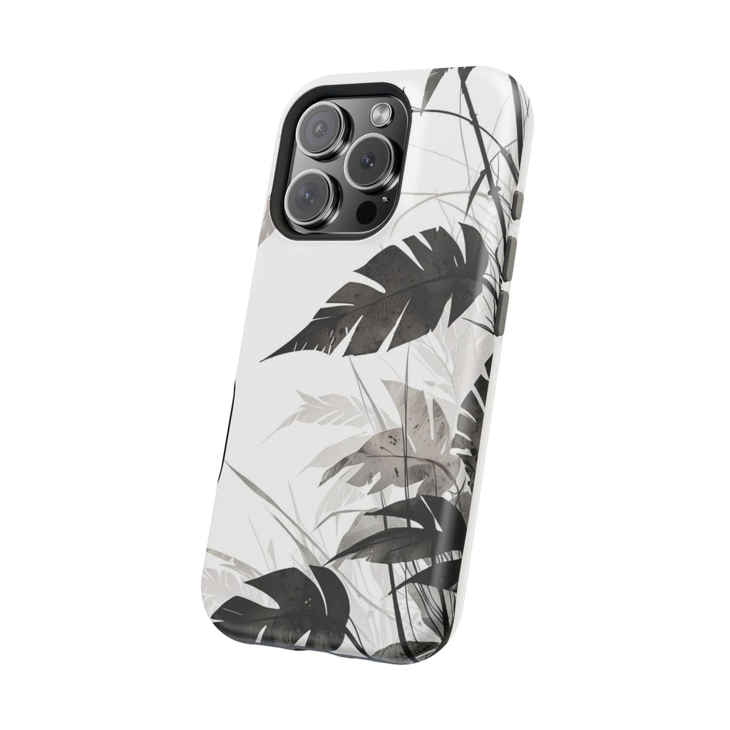 Tropical Monstera Magnetic Impact Phone Case — Black & White Leaf Design