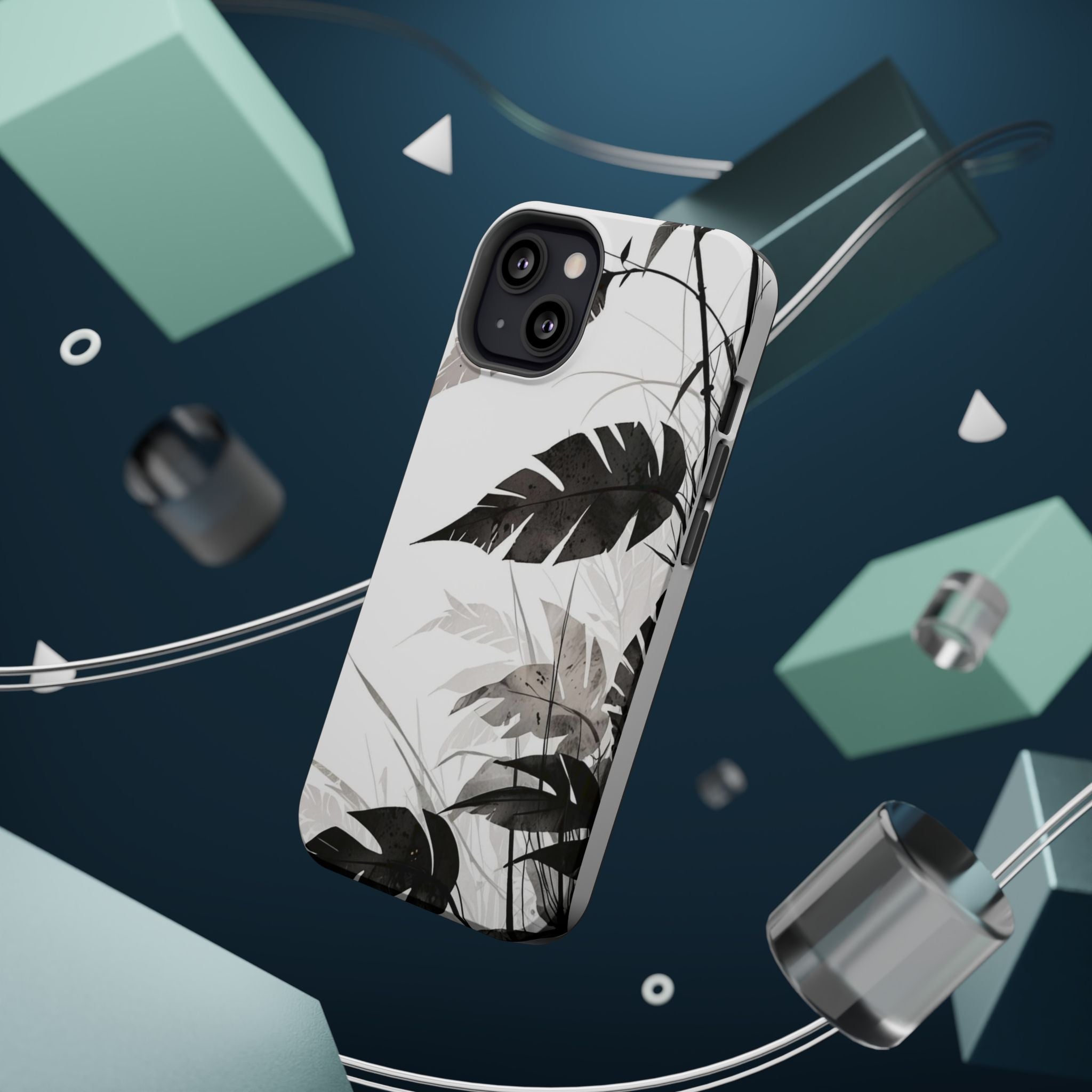 Tropical Monstera Magnetic Impact Phone Case — Black & White Leaf Design