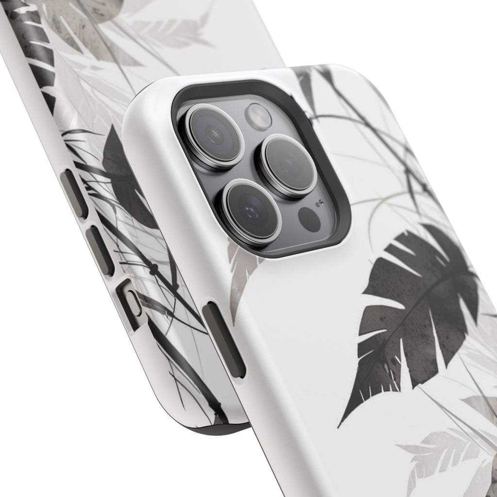 Tropical Monstera Magnetic Impact Phone Case — Black & White Leaf Design