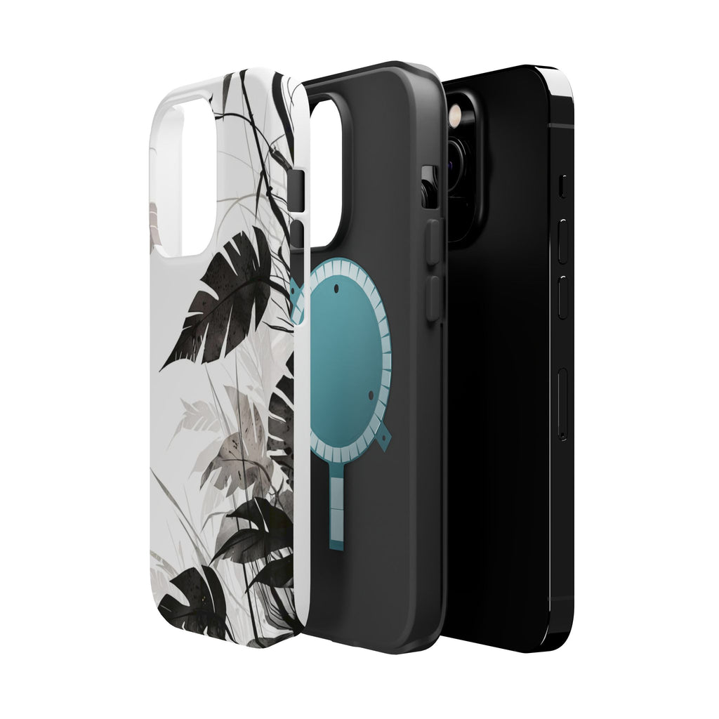 Tropical Monstera Magnetic Impact Phone Case — Black & White Leaf Design